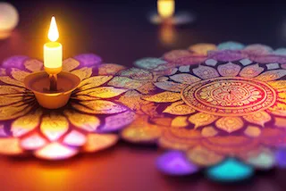 Candle on colourful blanket