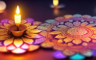 Candle on colourful blanket